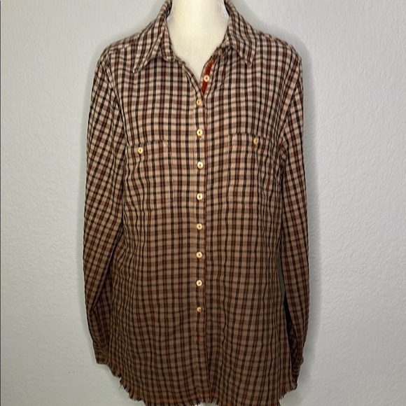 Johnny Was 3J Workshop Women’s Brown Ombre Plaid Flannel Button Down Shirt M - Picture 1 of 11